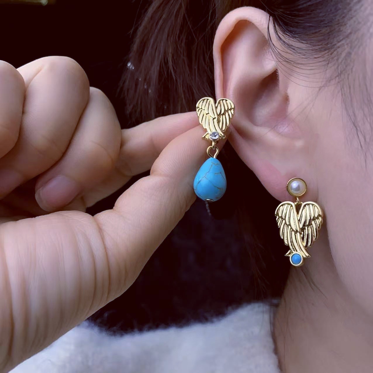 高级感中古松石爱心耳环女新款轻奢时尚耳钉独特耳饰气质百搭女潮