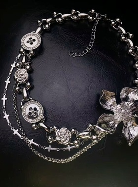 新款花朵钮扣流苏项链女甜酷朋克辣妹小众高级感配饰choker锁骨链