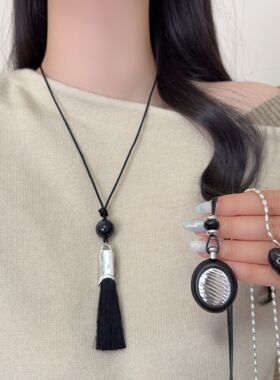 韩系ins风博主同款黑色流苏爱心酒壶吊坠项链女款小众设计毛衣链