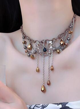 美拉德蝴蝶琥珀多层流苏项链女辣妹小众复古choker高级感锁骨链潮