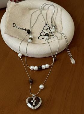 甜美豹纹爱心十字架珍珠双层叠戴项链女y2k辣妹串珠高级感毛衣链