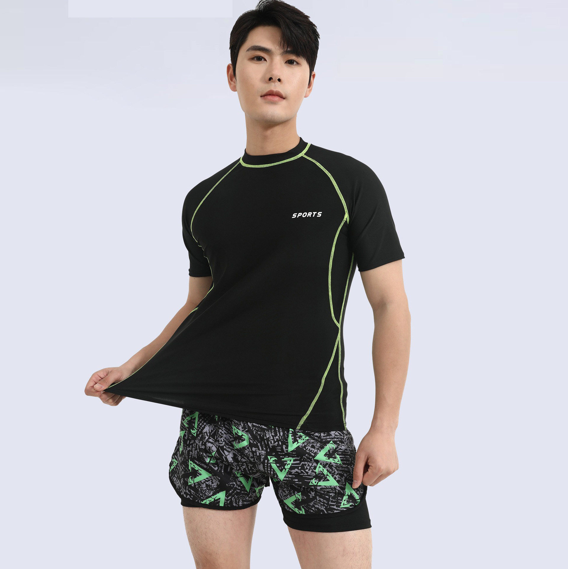 2024绿色印花男士泳衣套装分体短袖防晒速干成人大码游泳训练套装