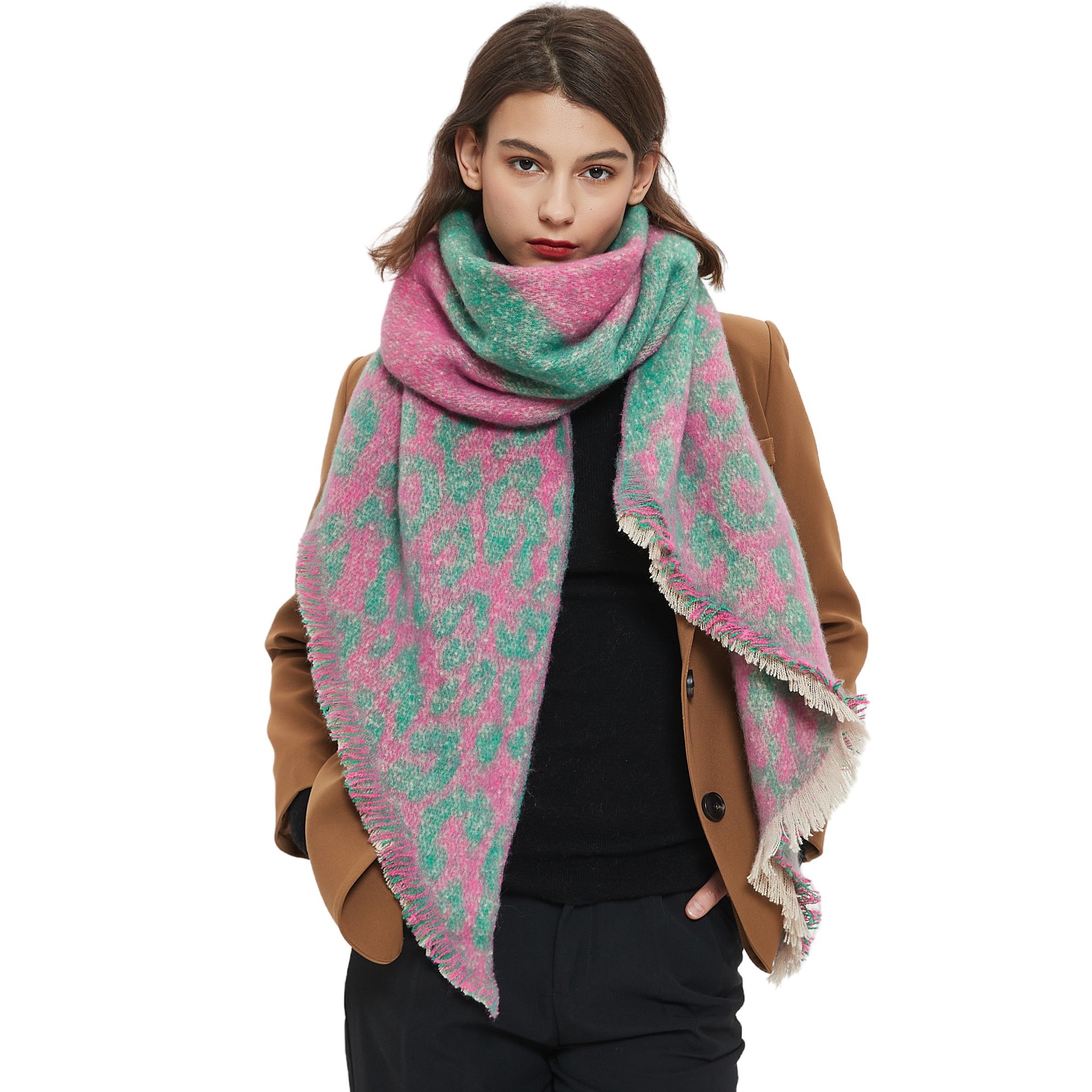Women Fashion Style Plaid Leopard-print Diagonal Scarf Shawl