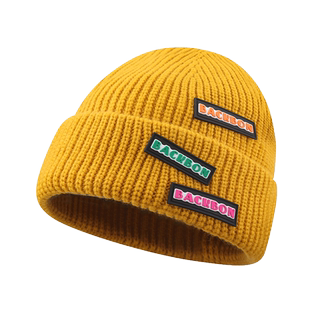 韩版潮牌BAC贴布保暖针织毛线帽子男女情侣街头百搭黄色女冬冷帽