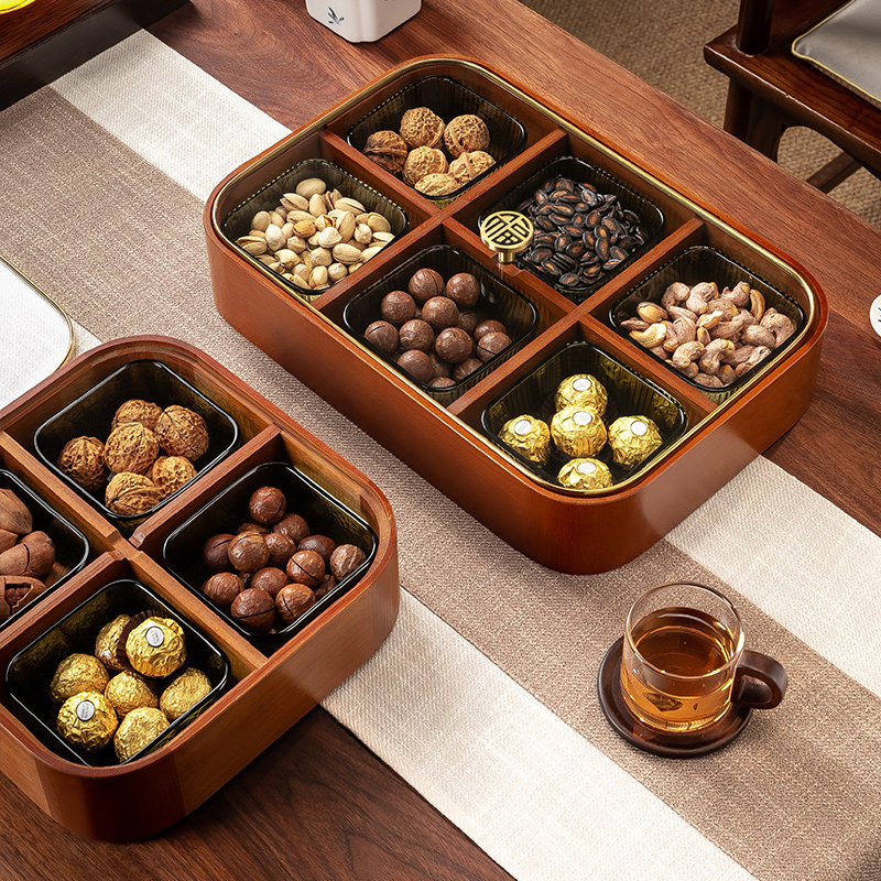 轻奢高档家用玻璃干果盒零食收纳盘子实木糖果盘高颜值分格水果盘