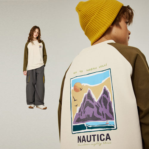 NAUTICA/诺帝卡童装 男女童长袖上衣秋冬儿童户外插肩长袖印花长T