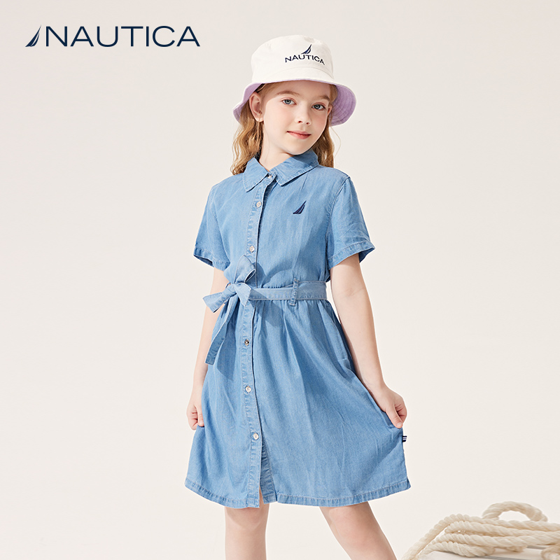 NAUTICA/诺帝卡童装 女童连衣裙夏季大儿童短袖牛仔裙公主裙印花