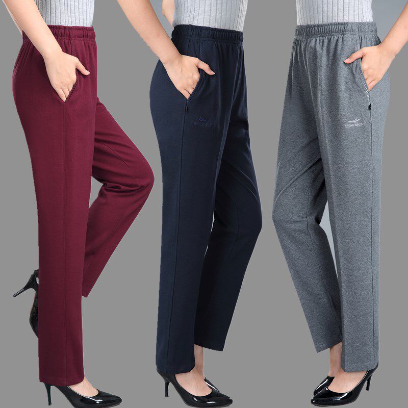 春秋纯棉运动裤女中年妈妈宽松休闲长裤中老年加绒直筒裤老人高腰