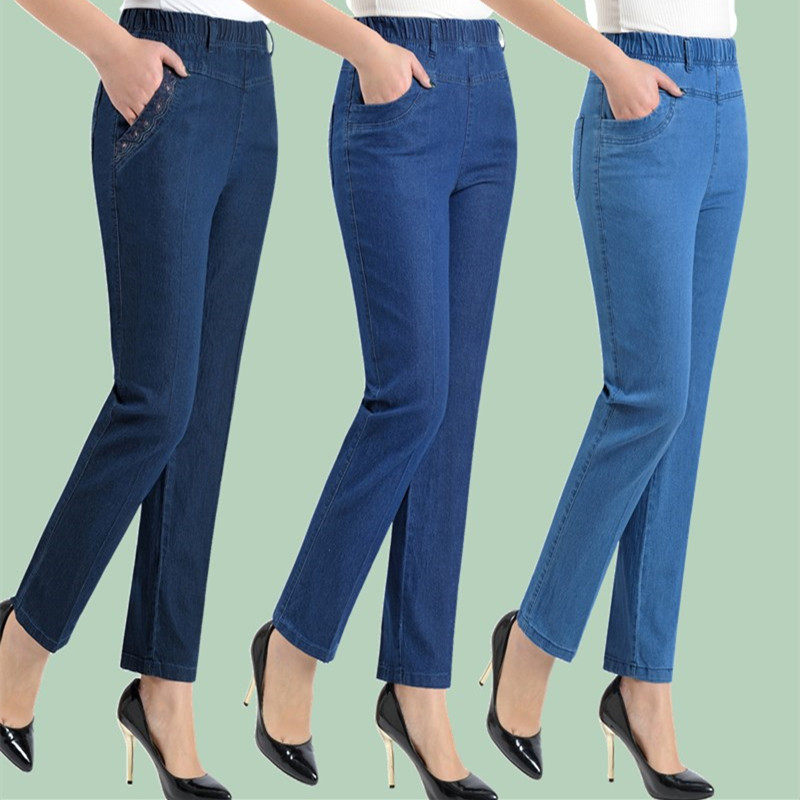 女士牛仔裤9分裤松紧腰妈妈裤春夏新款弹力棉高腰大码直筒九分裤