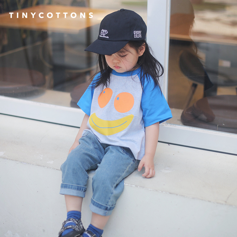 Tinycottons女童短袖拼色T恤夏季男童卡通半袖儿童休闲风印花上衣