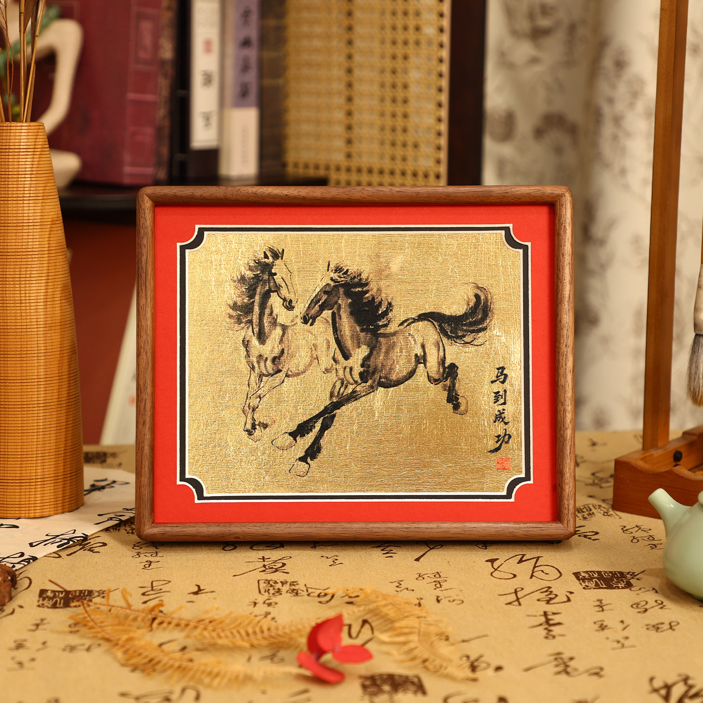 中式金箔画复古马到成功玄关摆台画办公室新年送礼桌面定制装饰画,家居饰品,桌面摆台画,淘宝优惠券,粉丝福利购,淘宝优惠卷