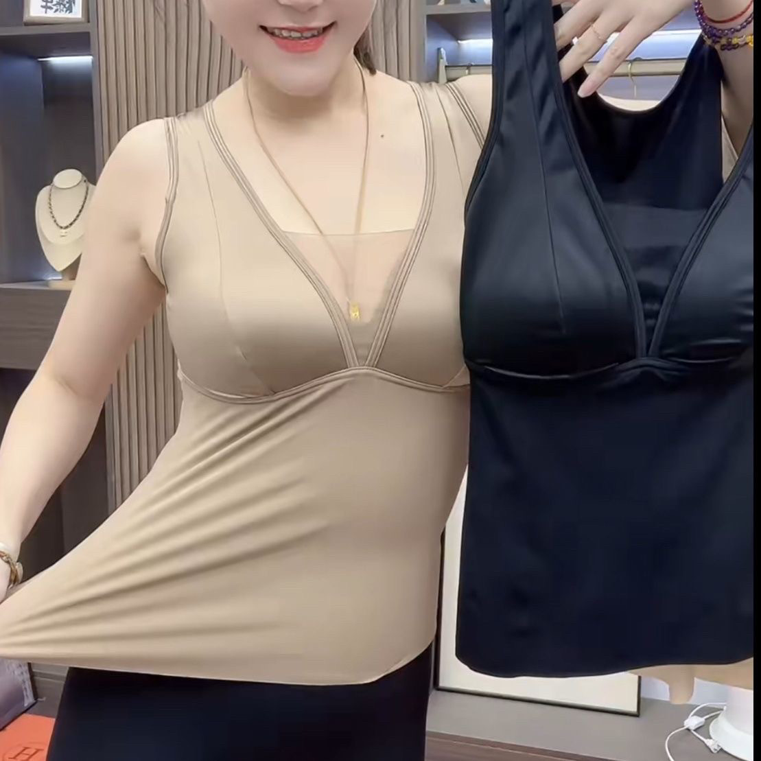 性感长款缎面美背吊带背心女带胸垫无痕固定一体防走光文胸罩内衣