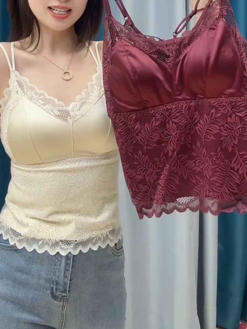 蕾丝缎面磨毛春季吊带背心女士内衣性感文胸美背固定杯带胸垫美背