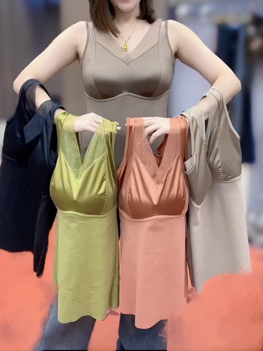 冬季保暖吊带背心女内衣V领打底缎面加绒加厚美背一体式文胸上衣