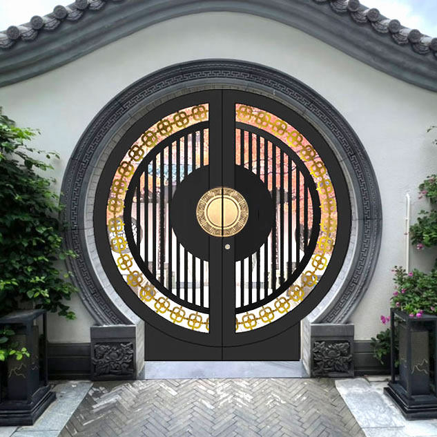新中式月亮门苏式徽派门仿古中式庭院门别墅大门圆形门仿铜拉手