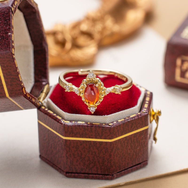 《玫瑰色的你》红昭和风 椭圆花环仿石榴红镀金复古雅典精致戒指