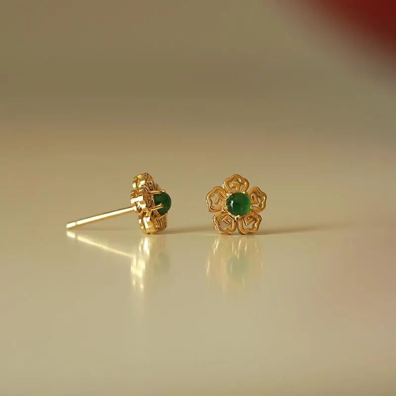 良器艺术S925纯银镶嵌阳绿玉髓桃花潭水耳钉时尚个性女款耳饰复古
