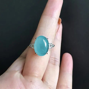 S925纯银镶嵌冰透蓝水玉髓蛋面戒指水润气质种老肉细起胶感推荐款