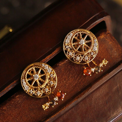 《摩天轮的思念》组装仿芬达石镶嵌钻石耳钉镀18K金复古气质精致