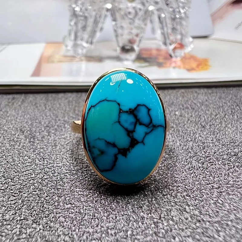新款镀18K金蓝松石蛋面戒指女民族风高档大气精致送妈妈生日礼物