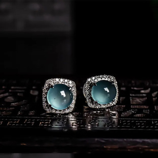 新款 耳饰 天然冰种蓝水玉髓蛋面耳钉S925银镶嵌日韩简约百搭女款