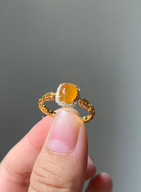 镀925银玉髓黄翡蛋面戒指