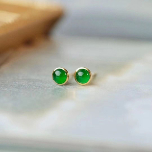 天然冰种浓阳绿玉髓小蛋面耳钉女s925银针轻奢ins风精致小巧耳饰