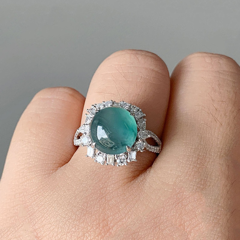 轻奢简约天然玉髓高冰蓝水飘花蛋面戒指S925银钻镶嵌可调节指环,饰品/流行首饰/时尚饰品新,戒指/指环,淘宝优惠券,粉丝福利购,淘宝优惠卷