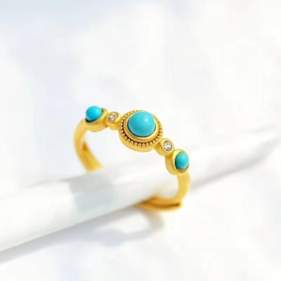 【民族风】绿松石戒指镀18K金女式手工瑙镶嵌几何开口时尚简约