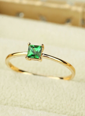 日韩新款纯沙弗莱戒指镀金镶嵌绿色仿石榴石彩色宝石气质简约女