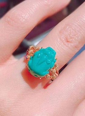 镀18K金镶嵌仿绿松石貔貅戒指复古精致时尚百搭可调节指环女款
