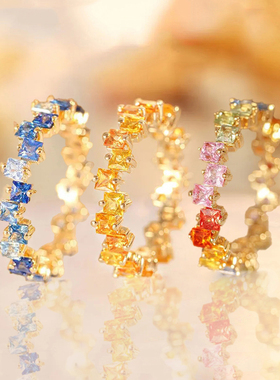 『彩虹糖』彩虹仿碧玺系列镀金彩色宝石戒指宝蓝渐变橙色愉悦指