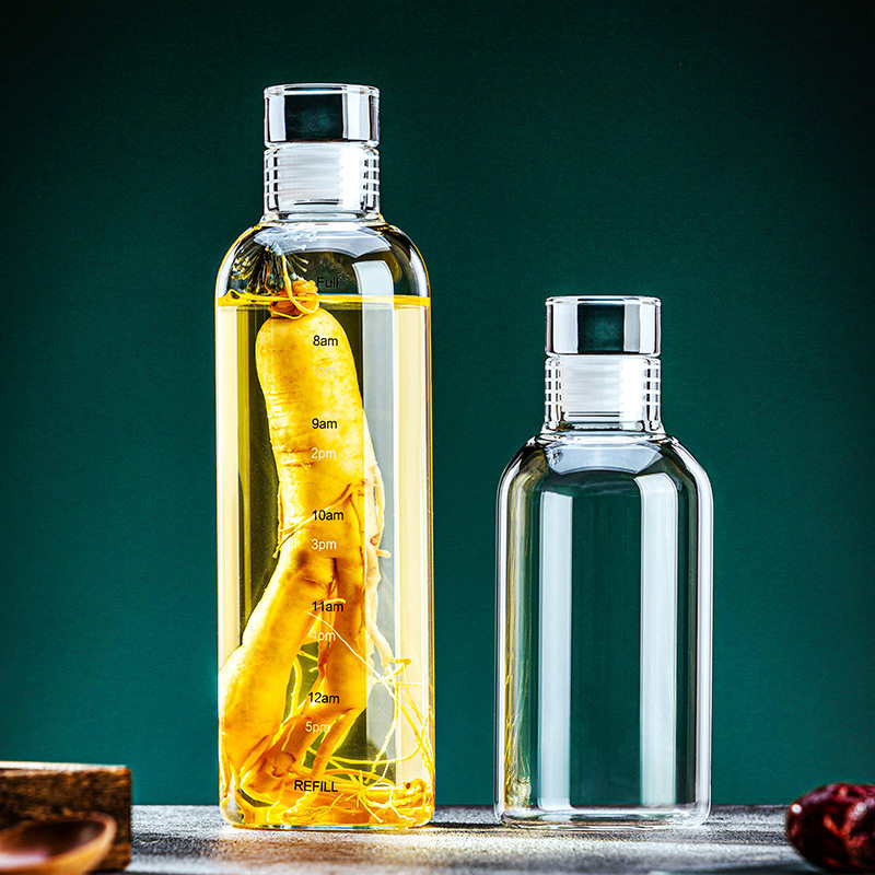 高颜值高硼硅耐高温高透玻璃水杯补水密封白酒瓶容器人参泡酒瓶子