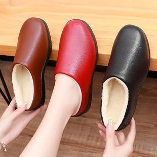 加绒加厚保暖皮面防水软底防滑一脚蹬居家室内毛绒鞋 棉拖鞋 女冬季
