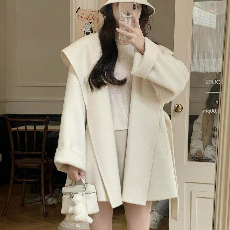 浴袍款双面羊绒大衣女白色系腰带毛呢外套博主高级感羊毛大衣