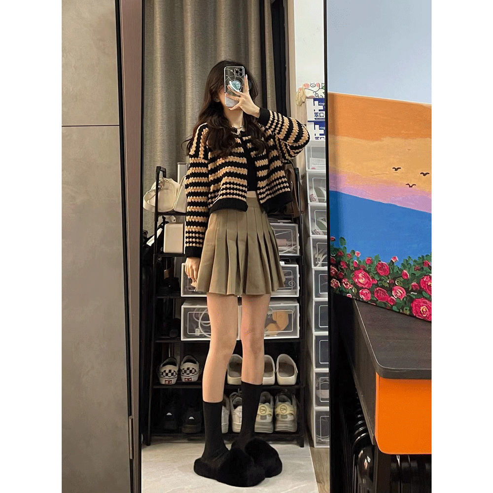 冬季新款套装女条纹针织衫慵懒风毛衣开衫短款外套+百褶裙两件套