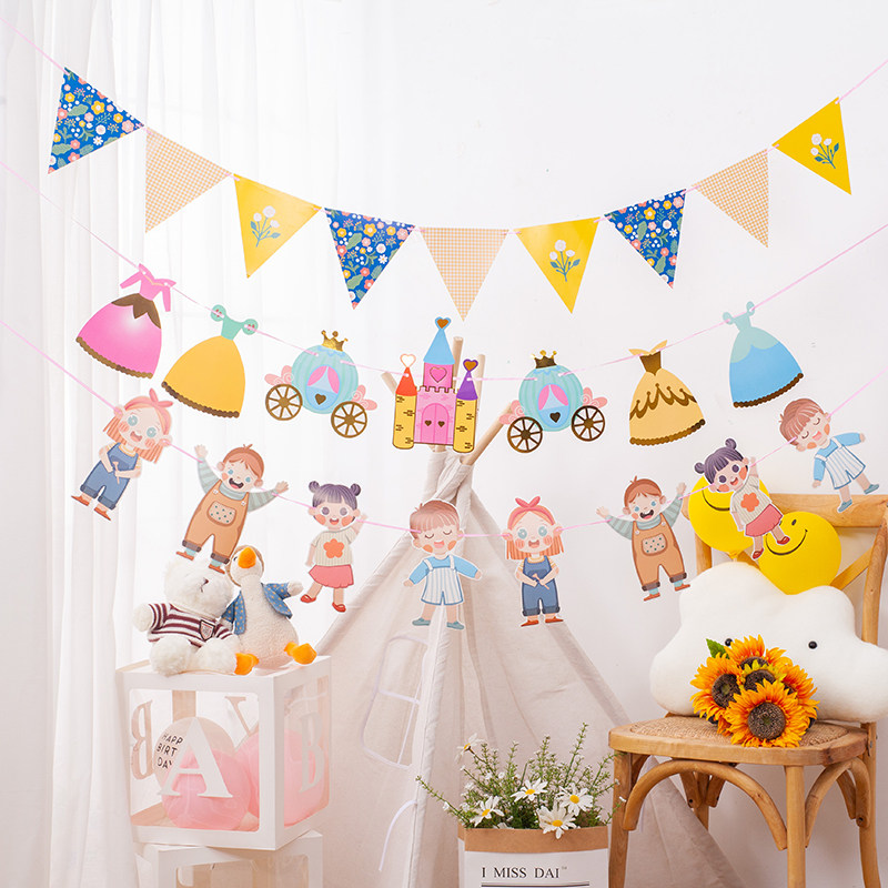生日拉旗派对装扮用品宝宝ins生日装饰场景布置卡通横幅三角旗