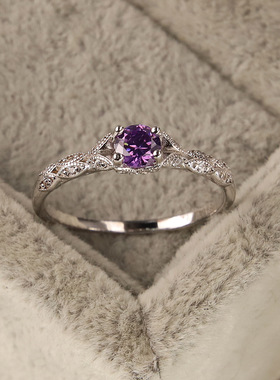 S925纯银紫色宝石银戒指女轻奢高级感雕花装饰百搭小众女生指环