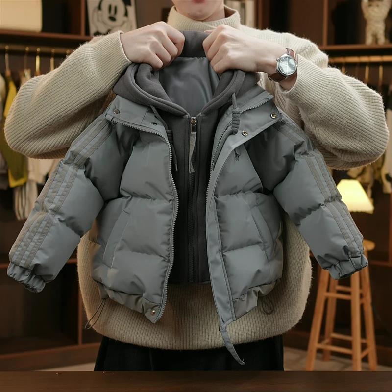 童装男童冬季假两件棉服2025新款男童保暖外套加厚连帽儿童棉服潮