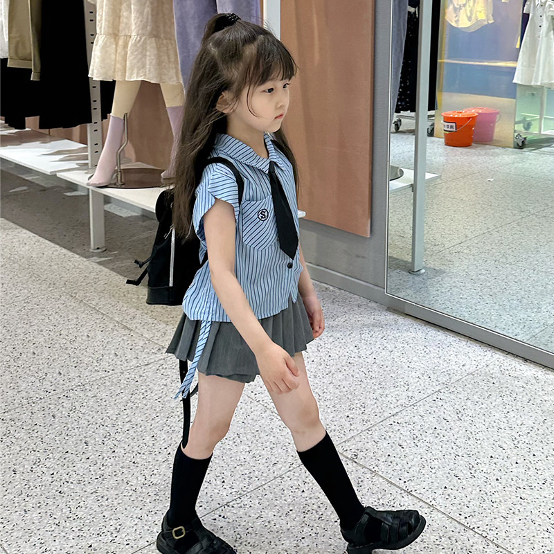 女童夏装短袖衬衣百褶裙套装儿童jk学院风夏季洋气时髦网红两件套