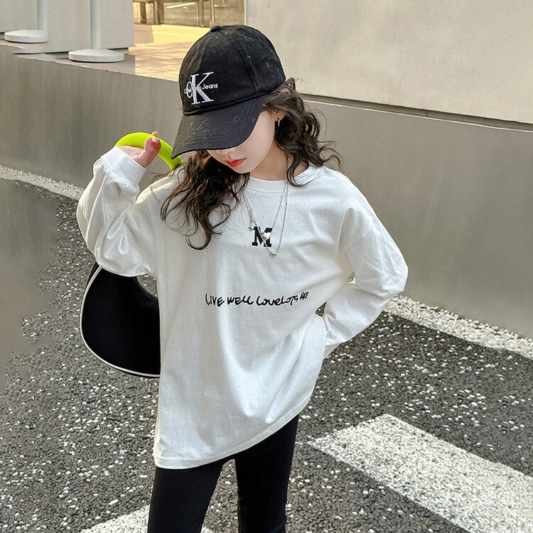 纯棉儿童中长款白t恤女童洋气上衣大童装长袖打底衫2024春秋新款