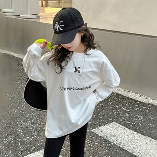 纯棉儿童中长款白t恤女童洋气上衣大童装长袖打底衫2024春秋新款