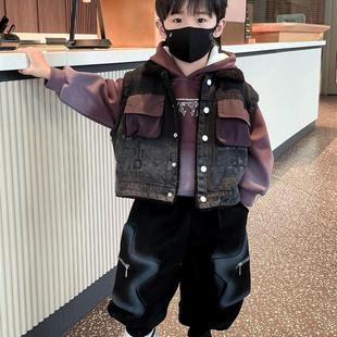 儿童加绒套装2025新款男童卫衣卫裤小男孩冬季保暖加厚马甲三件套