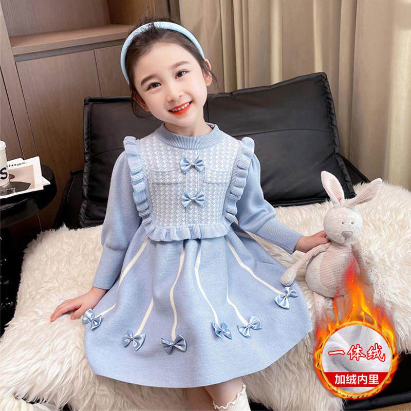 女童洋气秋冬季加绒针织毛衣连衣裙公主女宝宝加厚泡泡袖裙子冬装
