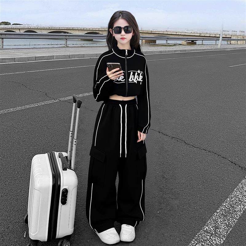 女童早秋卫衣卫裤套装2025新款女孩短款嘻哈运动服时尚街头走秀服