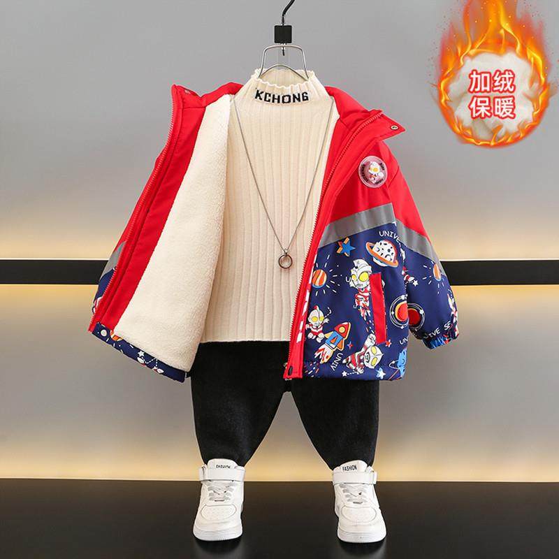 奥特曼男童春秋季冲锋衣外套24新款痞帅男孩冬装宝宝加绒加厚棉服