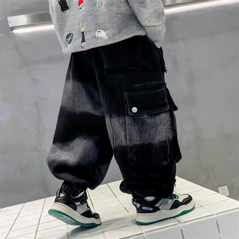 男童裤子加绒工装裤2024春秋冬季新款童装休闲宽松儿童牛仔灯笼裤