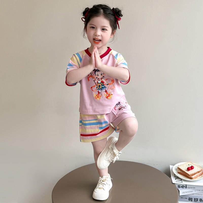 哪吒女童夏季短袖套装2025新款儿童短裤运动两件套宝宝纯棉薄衣服