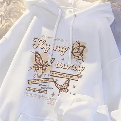 女童连帽卫衣秋冬新款中大童宽松休闲百搭加绒加厚上衣蝴蝶印花潮
