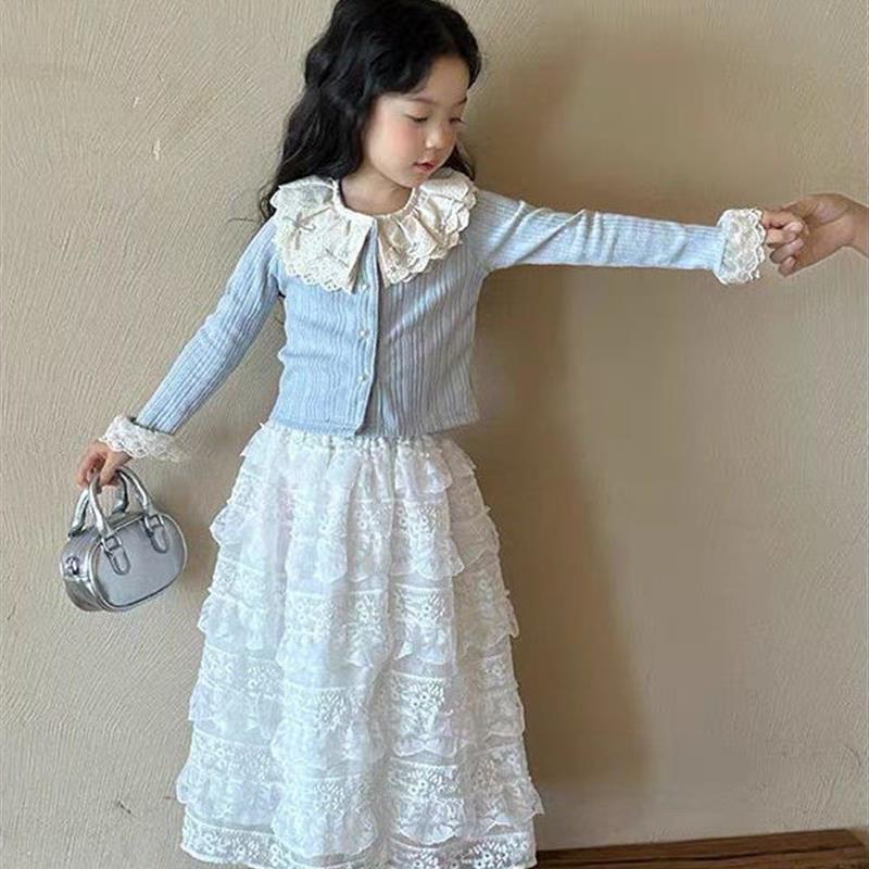 女童春装套装裙2026新款洋气儿童开衫外套花边长裙两件套宝宝春季